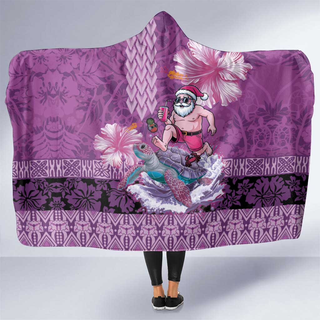 Hawaii Mele Kalikimaka Hooded Blanket Funny Santa with Tribal Tattoos Kakau Purple Color - Polynesian Pride
