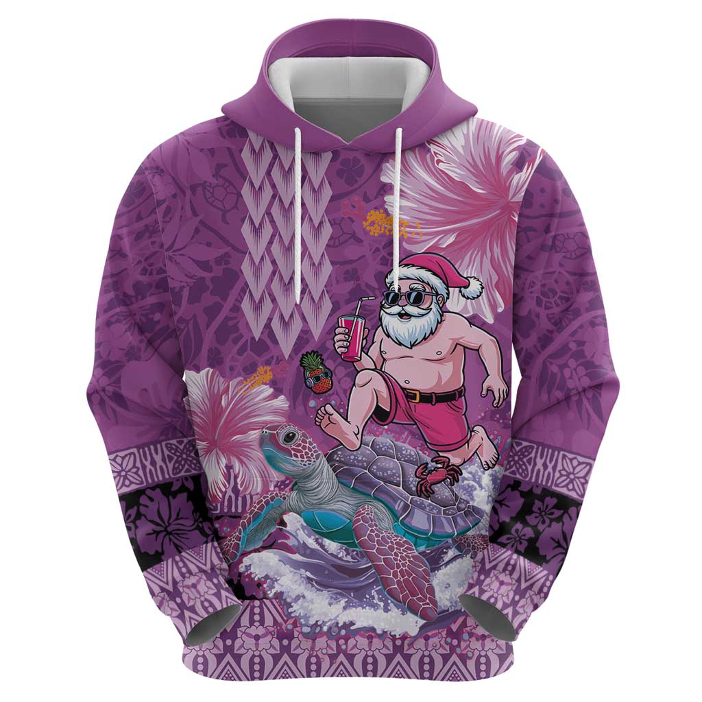Hawaii Mele Kalikimaka Hoodie Funny Santa with Tribal Tattoos Kakau Purple Color - Polynesian Pride