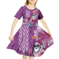 Hawaii Mele Kalikimaka Kid Short Sleeve Dress Funny Santa with Tribal Tattoos Kakau Purple Color - Polynesian Pride