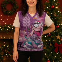 Hawaii Mele Kalikimaka Christmas Knitted V-Neck Vest Funny Santa with Tribal Tattoos Kakau Purple Color - Polynesian Pride