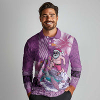 Hawaii Mele Kalikimaka Long Sleeve Polo Shirt Funny Santa with Tribal Tattoos Kakau Purple Color - Polynesian Pride