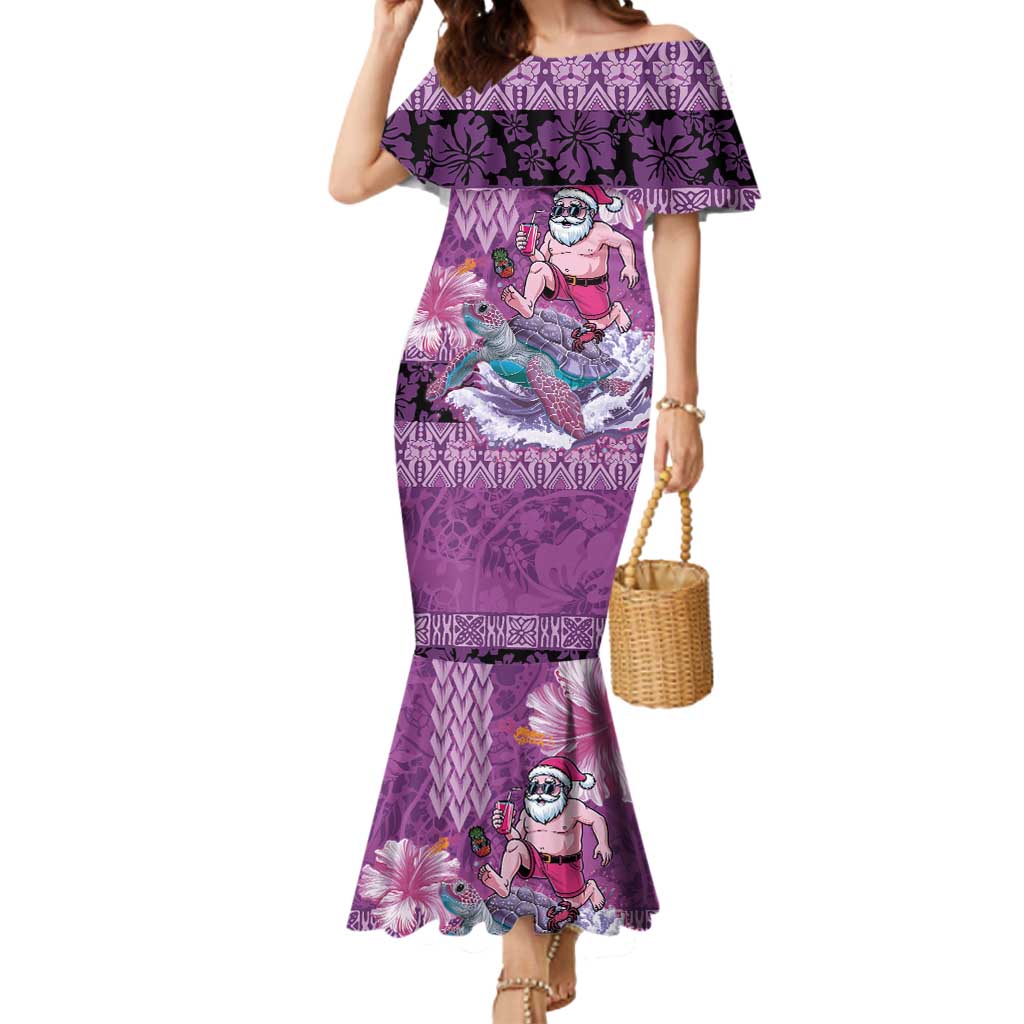 Hawaii Mele Kalikimaka Mermaid Dress Funny Santa with Tribal Tattoos Kakau Purple Color - Polynesian Pride