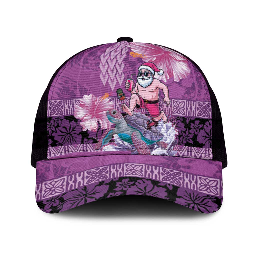 Hawaii Mele Kalikimaka Mesh Trucker Cap Funny Santa with Tribal Tattoos Kakau Purple Color - Polynesian Pride