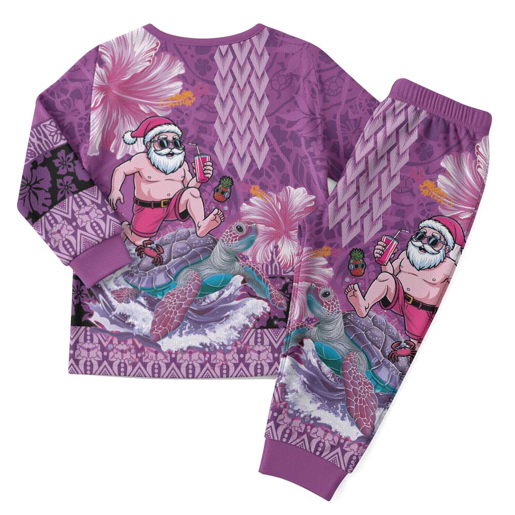 Hawaii Mele Kalikimaka Christmas Pajama Set Funny Santa with Tribal Tattoos Kakau Purple Color - Polynesian Pride