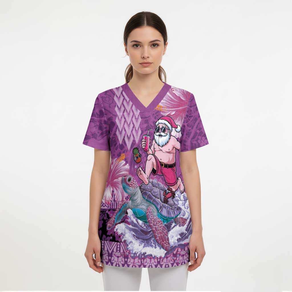 Hawaii Mele Kalikimaka Scrub Top Funny Santa with Tribal Tattoos Kakau Purple Color - Polynesian Pride