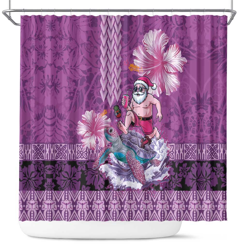 Hawaii Mele Kalikimaka Shower Curtain Funny Santa with Tribal Tattoos Kakau Purple Color - Polynesian Pride