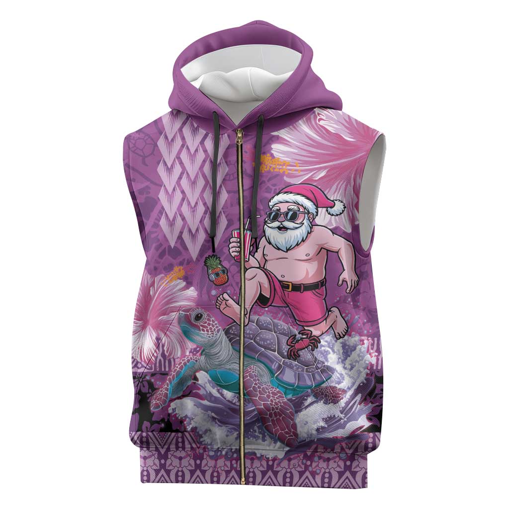 Hawaii Mele Kalikimaka Sleeveless Zip Hoodie Funny Santa with Tribal Tattoos Kakau Purple Color - Polynesian Pride