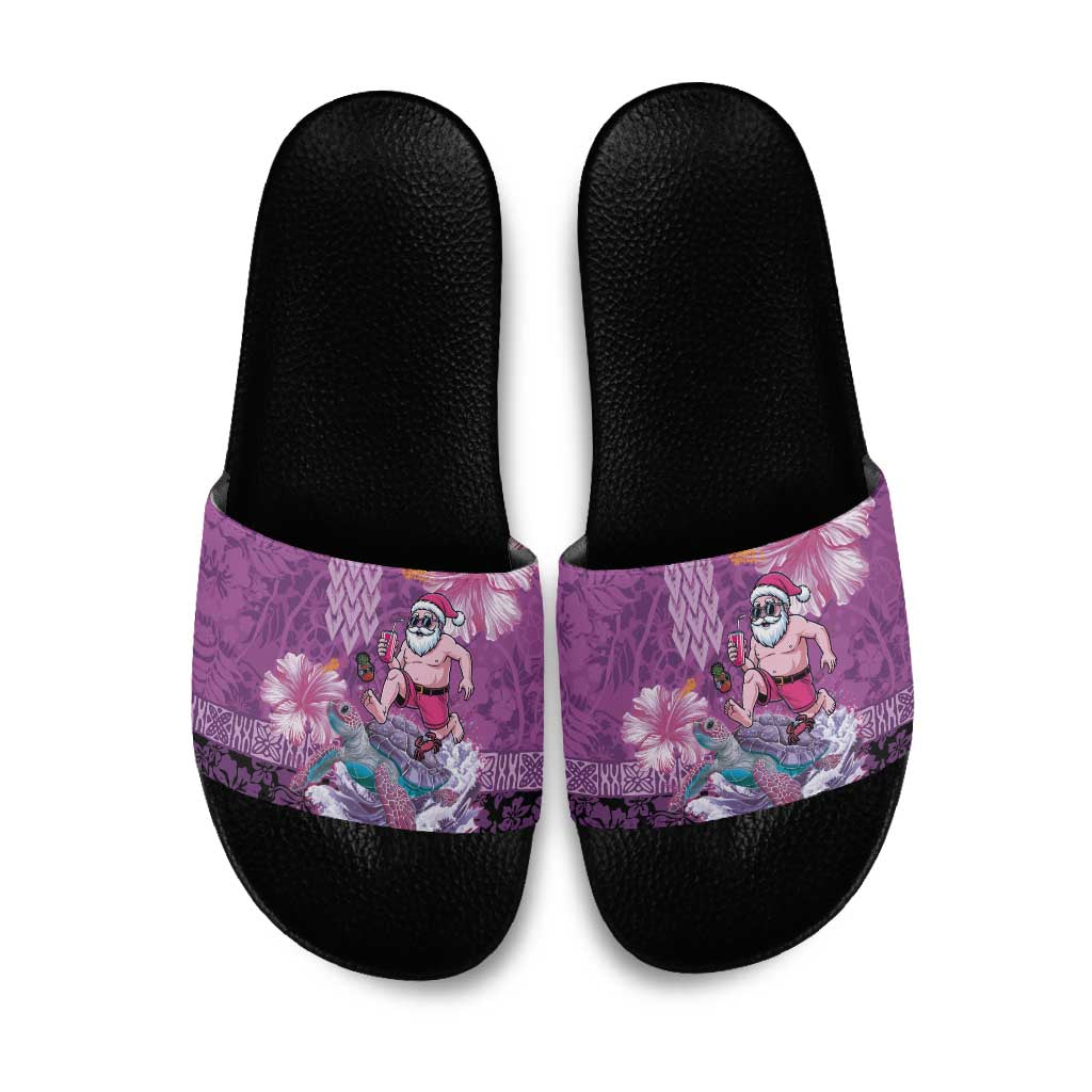 Hawaii Mele Kalikimaka Slide Sandals Funny Santa with Tribal Tattoos Kakau Purple Color - Polynesian Pride
