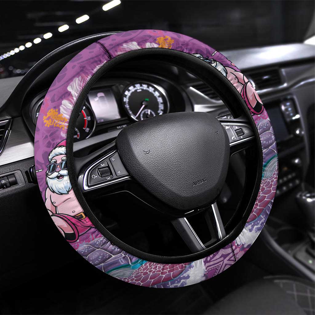 Hawaii Mele Kalikimaka Steering Wheel Cover Funny Santa with Tribal Tattoos Kakau Purple Color - Polynesian Pride