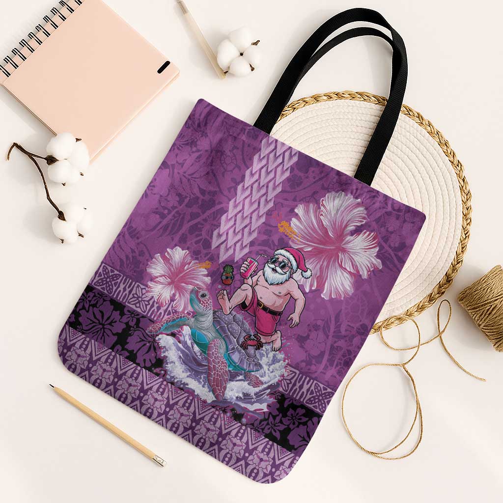 Hawaii Mele Kalikimaka Tote Bag Funny Santa with Tribal Tattoos Kakau Purple Color - Polynesian Pride