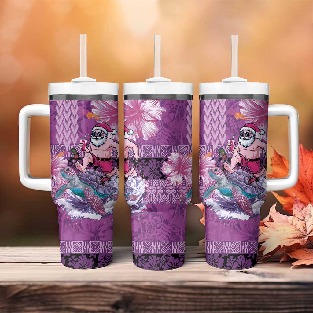 Hawaii Mele Kalikimaka Tumbler With Handle Funny Santa with Tribal Tattoos Kakau Purple Color - Polynesian Pride