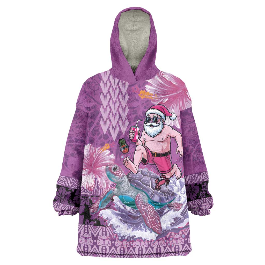 Hawaii Mele Kalikimaka Wearable Blanket Hoodie Funny Santa with Tribal Tattoos Kakau Purple Color - Polynesian Pride