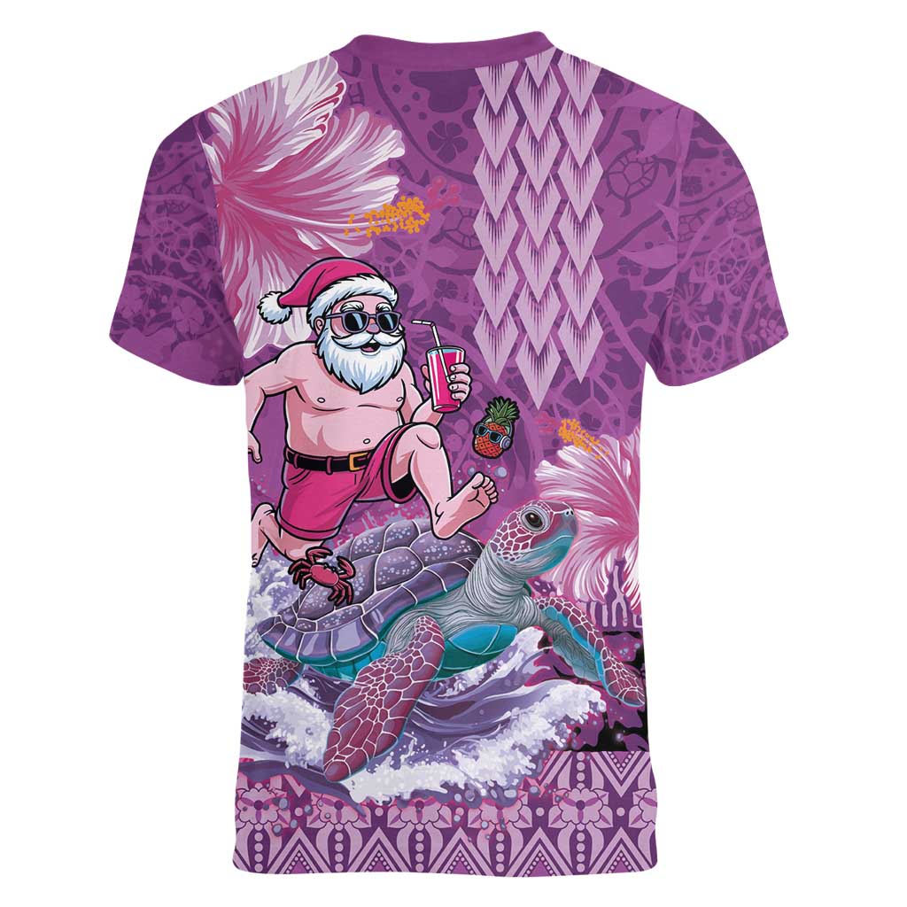 Hawaii Mele Kalikimaka Women V-Neck T-Shirt Funny Santa with Tribal Tattoos Kakau Purple Color - Polynesian Pride