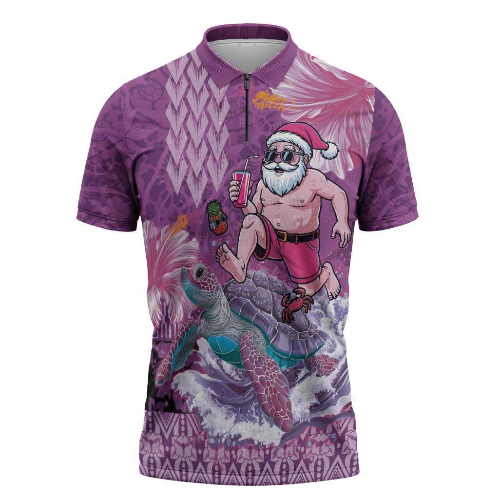 Hawaii Mele Kalikimaka Zipper Polo Shirt Funny Santa with Tribal Tattoos Kakau Purple Color - Polynesian Pride