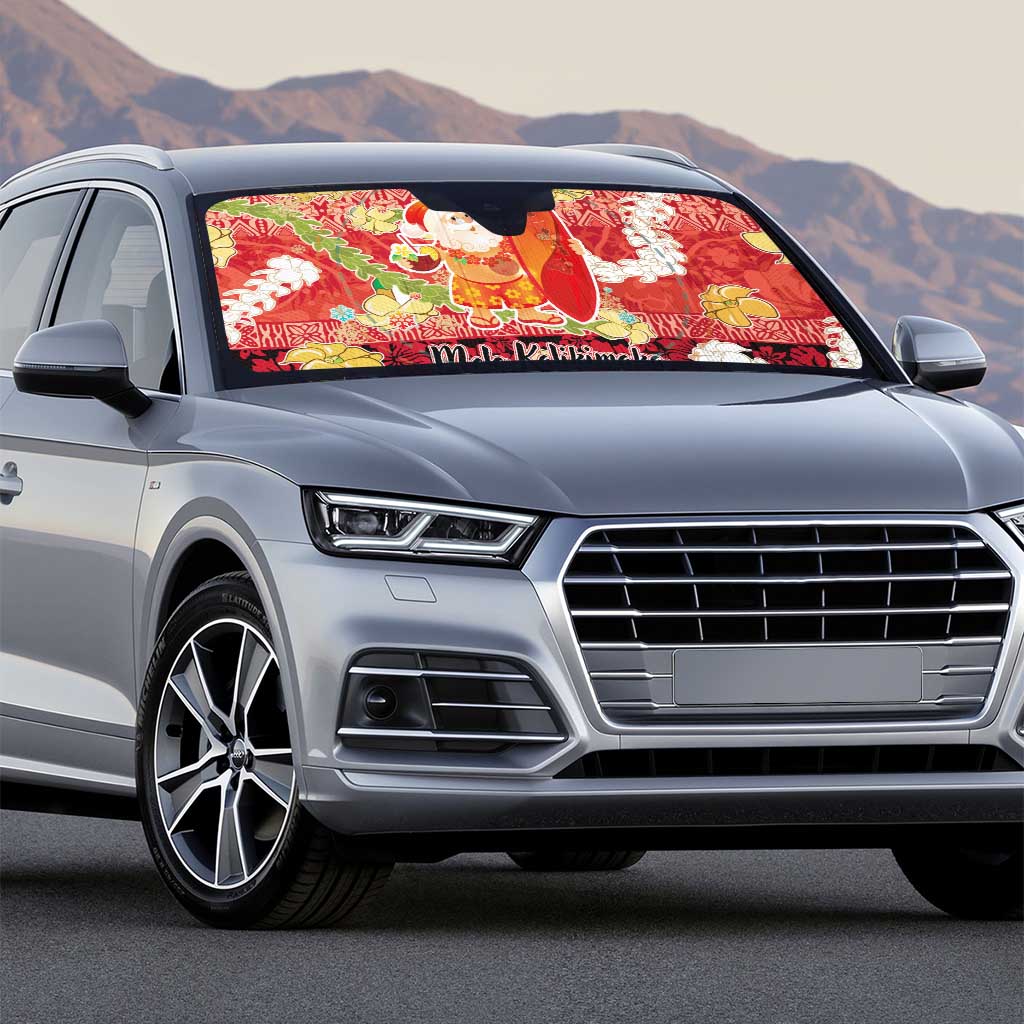 Hawaii Santa Mele Kalikimaka Auto Sun Shade Tropical Puakenikeni Lei with Polynesian Tribal Pattern - Polynesian Pride
