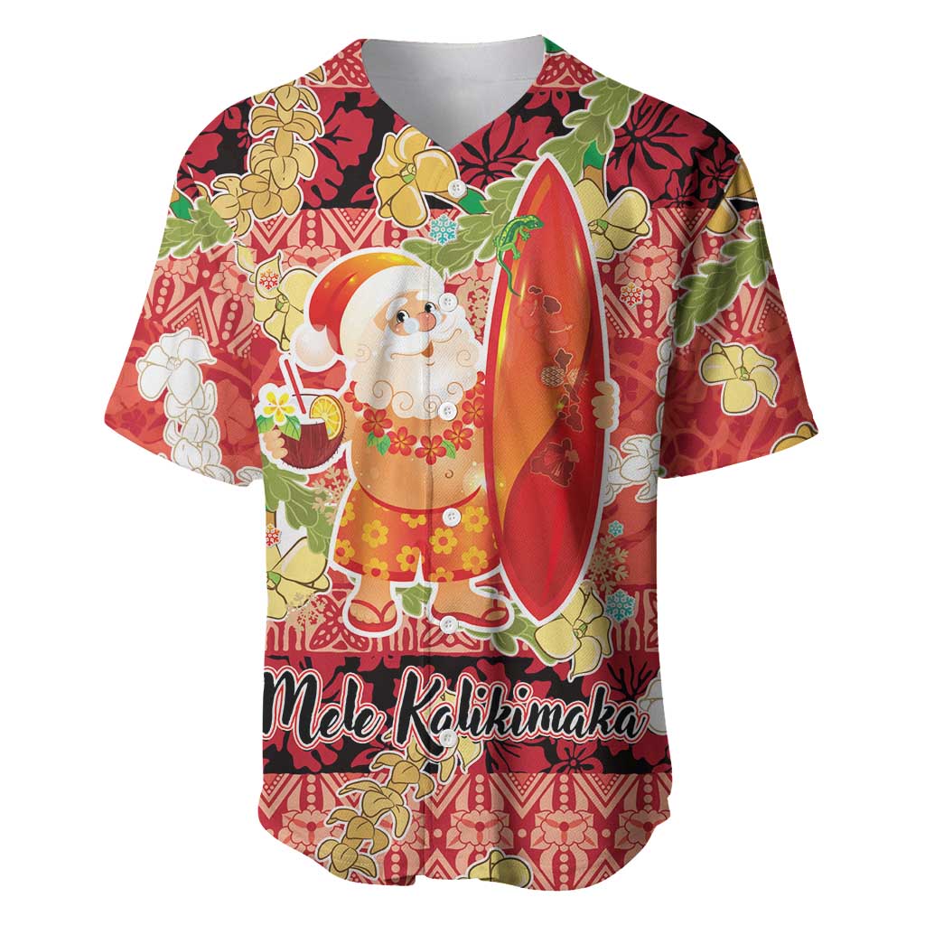Hawaii Santa Mele Kalikimaka Baseball Jersey Tropical Puakenikeni Lei with Polynesian Tribal Pattern LT03 Red - Polynesian Pride