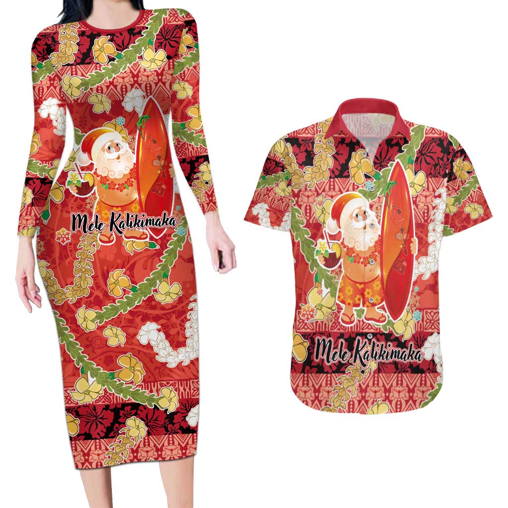 Hawaii Santa Mele Kalikimaka Couples Matching Long Sleeve Bodycon Dress and Hawaiian Shirt Tropical Puakenikeni Lei with Polynesian Tribal Pattern - Polynesian Pride