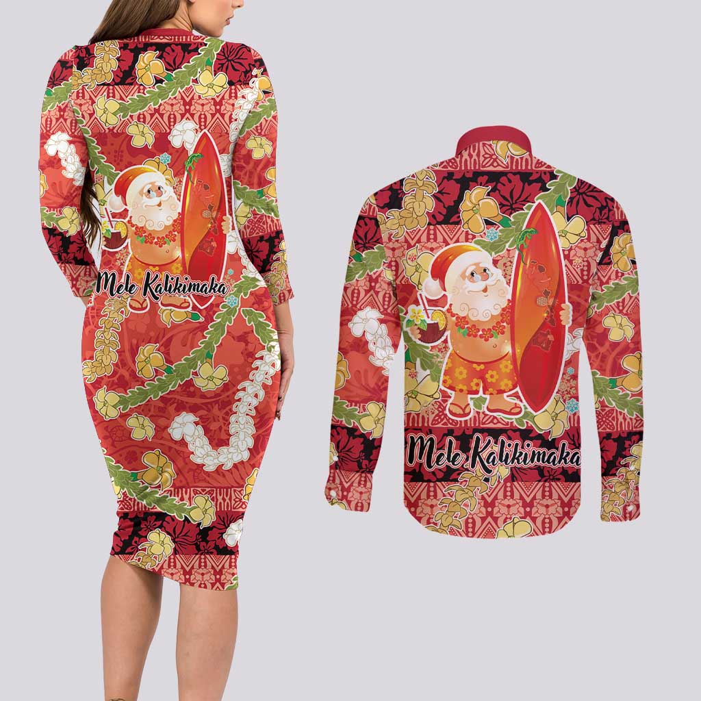 Hawaii Santa Mele Kalikimaka Couples Matching Long Sleeve Bodycon Dress and Long Sleeve Button Shirt Tropical Puakenikeni Lei with Polynesian Tribal Pattern - Polynesian Pride