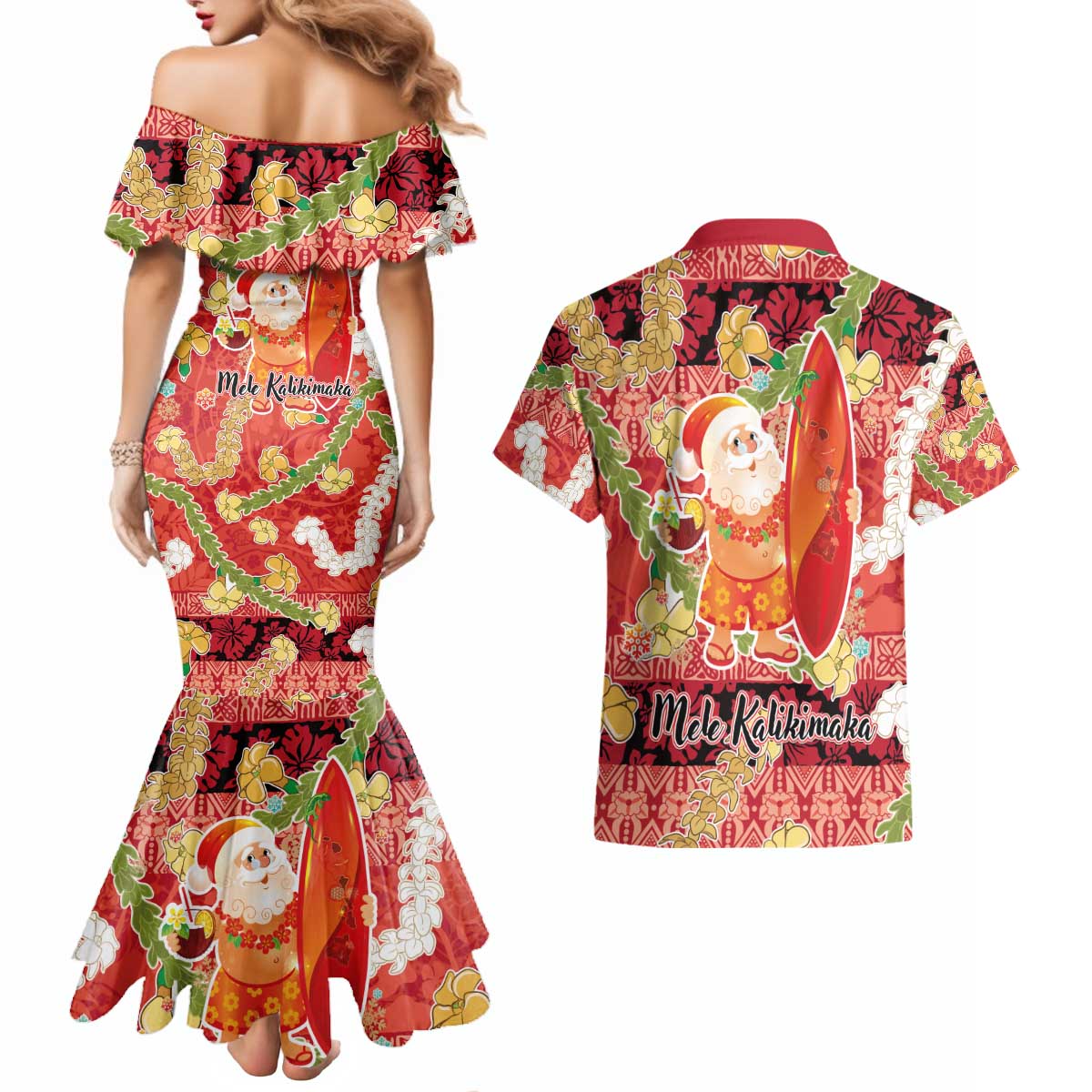 Hawaii Santa Mele Kalikimaka Couples Matching Mermaid Dress and Hawaiian Shirt Tropical Puakenikeni Lei with Polynesian Tribal Pattern - Polynesian Pride