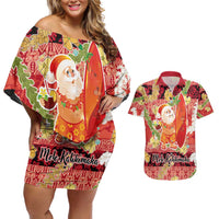 Hawaii Santa Mele Kalikimaka Couples Matching Off Shoulder Short Dress and Hawaiian Shirt Tropical Puakenikeni Lei with Polynesian Tribal Pattern - Polynesian Pride