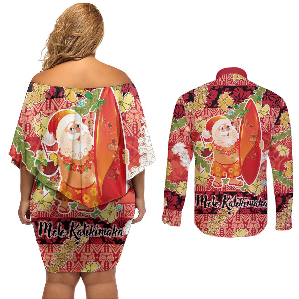 Hawaii Santa Mele Kalikimaka Couples Matching Off Shoulder Short Dress and Long Sleeve Button Shirt Tropical Puakenikeni Lei with Polynesian Tribal Pattern - Polynesian Pride