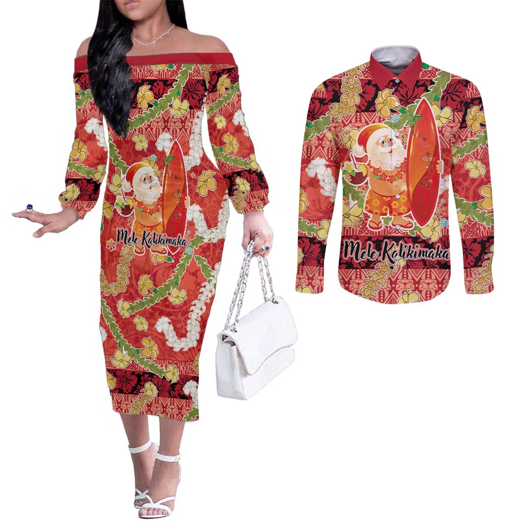 Hawaii Santa Mele Kalikimaka Couples Matching Off The Shoulder Long Sleeve Dress and Long Sleeve Button Shirt Tropical Puakenikeni Lei with Polynesian Tribal Pattern - Polynesian Pride