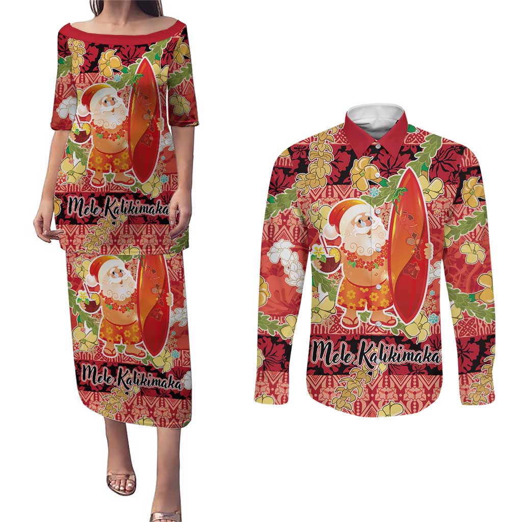 Hawaii Santa Mele Kalikimaka Couples Matching Puletasi and Long Sleeve Button Shirt Tropical Puakenikeni Lei with Polynesian Tribal Pattern - Polynesian Pride