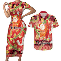 Hawaii Santa Mele Kalikimaka Couples Matching Short Sleeve Bodycon Dress and Hawaiian Shirt Tropical Puakenikeni Lei with Polynesian Tribal Pattern - Polynesian Pride