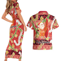 Hawaii Santa Mele Kalikimaka Couples Matching Short Sleeve Bodycon Dress and Hawaiian Shirt Tropical Puakenikeni Lei with Polynesian Tribal Pattern - Polynesian Pride