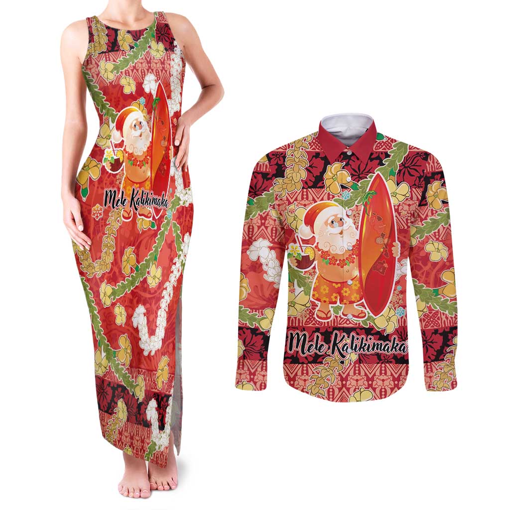 Hawaii Santa Mele Kalikimaka Couples Matching Tank Maxi Dress and Long Sleeve Button Shirt Tropical Puakenikeni Lei with Polynesian Tribal Pattern - Polynesian Pride