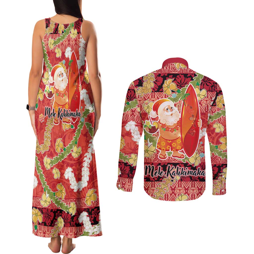 Hawaii Santa Mele Kalikimaka Couples Matching Tank Maxi Dress and Long Sleeve Button Shirt Tropical Puakenikeni Lei with Polynesian Tribal Pattern - Polynesian Pride