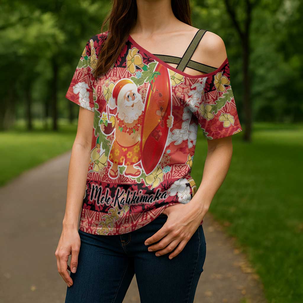 Hawaii Santa Mele Kalikimaka Cross Shoulder Shirt Tropical Puakenikeni Lei with Polynesian Tribal Pattern - Polynesian Pride
