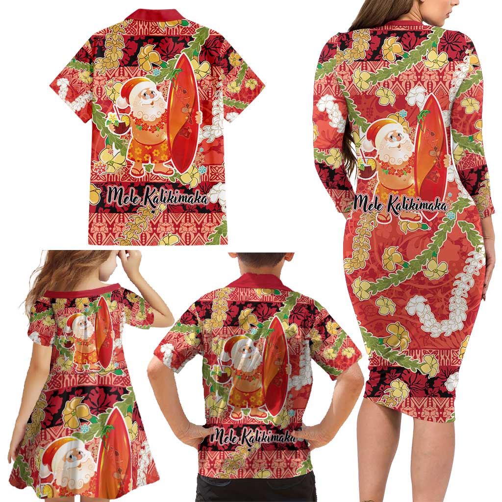 Hawaii Santa Mele Kalikimaka Family Matching Long Sleeve Bodycon Dress and Hawaiian Shirt Tropical Puakenikeni Lei with Polynesian Tribal Pattern - Polynesian Pride