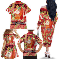 Hawaii Santa Mele Kalikimaka Family Matching Off The Shoulder Long Sleeve Dress and Hawaiian Shirt Tropical Puakenikeni Lei with Polynesian Tribal Pattern - Polynesian Pride