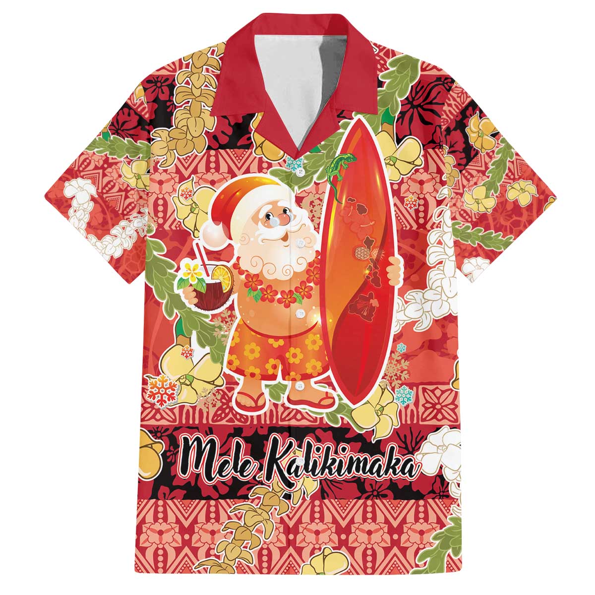 Hawaii Santa Mele Kalikimaka Family Matching Off The Shoulder Long Sleeve Dress and Hawaiian Shirt Tropical Puakenikeni Lei with Polynesian Tribal Pattern - Polynesian Pride