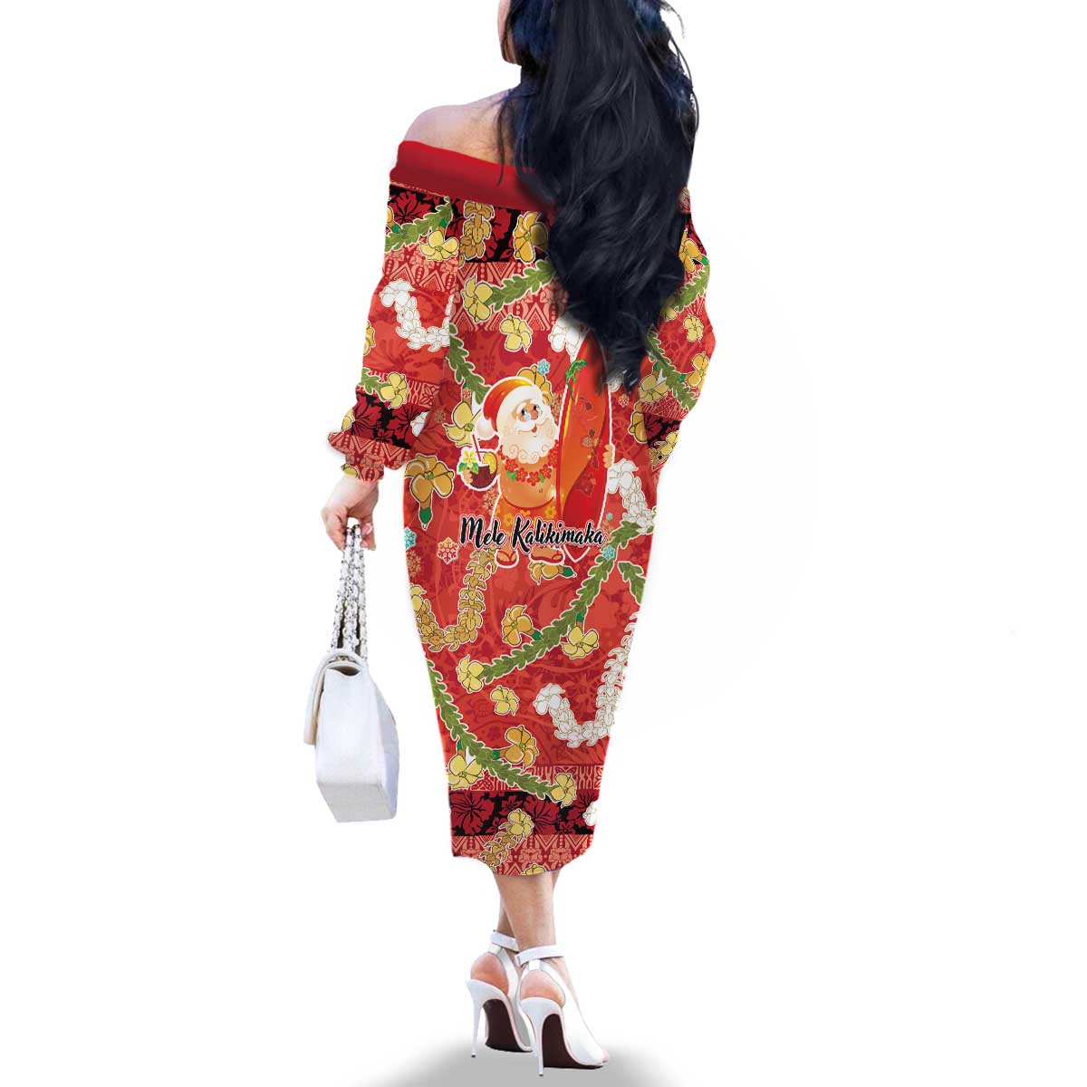 Hawaii Santa Mele Kalikimaka Family Matching Off The Shoulder Long Sleeve Dress and Hawaiian Shirt Tropical Puakenikeni Lei with Polynesian Tribal Pattern - Polynesian Pride