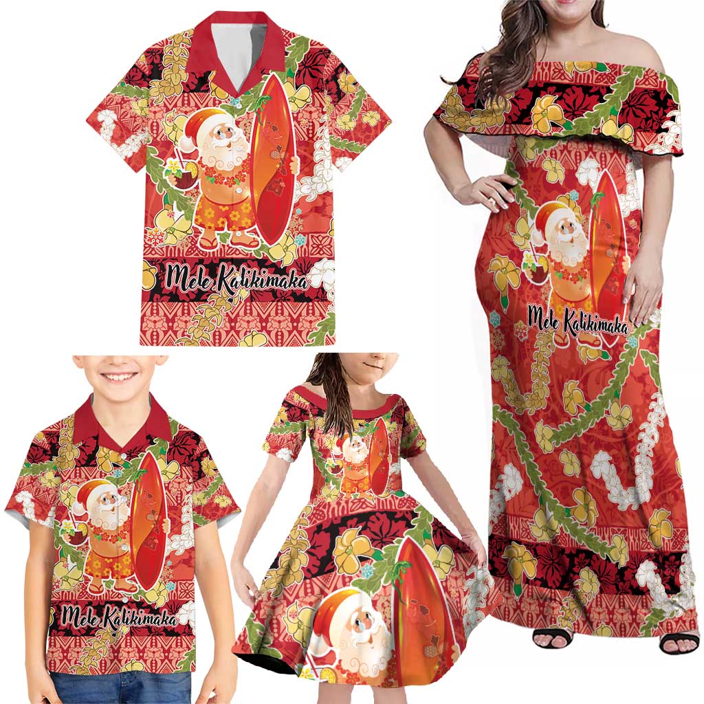 Hawaii Santa Mele Kalikimaka Family Matching Off Shoulder Maxi Dress and Hawaiian Shirt Tropical Puakenikeni Lei with Polynesian Tribal Pattern - Polynesian Pride