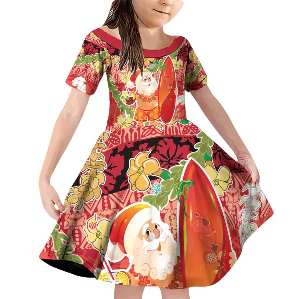 Hawaii Santa Mele Kalikimaka Family Matching Off Shoulder Short Dress and Hawaiian Shirt Tropical Puakenikeni Lei with Polynesian Tribal Pattern - Polynesian Pride