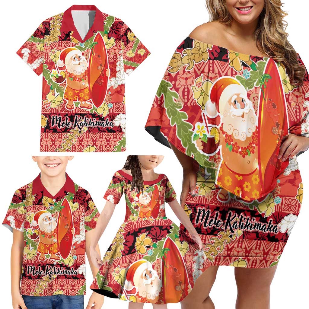 Hawaii Santa Mele Kalikimaka Family Matching Off Shoulder Short Dress and Hawaiian Shirt Tropical Puakenikeni Lei with Polynesian Tribal Pattern - Polynesian Pride