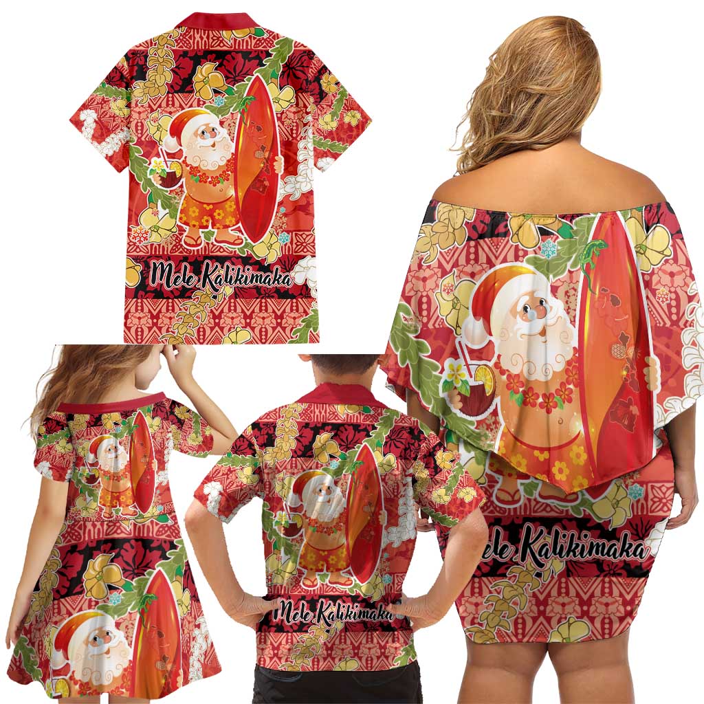 Hawaii Santa Mele Kalikimaka Family Matching Off Shoulder Short Dress and Hawaiian Shirt Tropical Puakenikeni Lei with Polynesian Tribal Pattern - Polynesian Pride