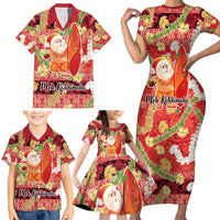 Hawaii Santa Mele Kalikimaka Family Matching Short Sleeve Bodycon Dress and Hawaiian Shirt Tropical Puakenikeni Lei with Polynesian Tribal Pattern - Polynesian Pride