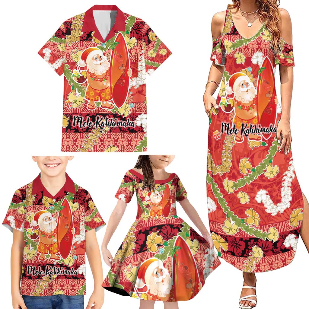 Hawaii Santa Mele Kalikimaka Family Matching Summer Maxi Dress and Hawaiian Shirt Tropical Puakenikeni Lei with Polynesian Tribal Pattern - Polynesian Pride