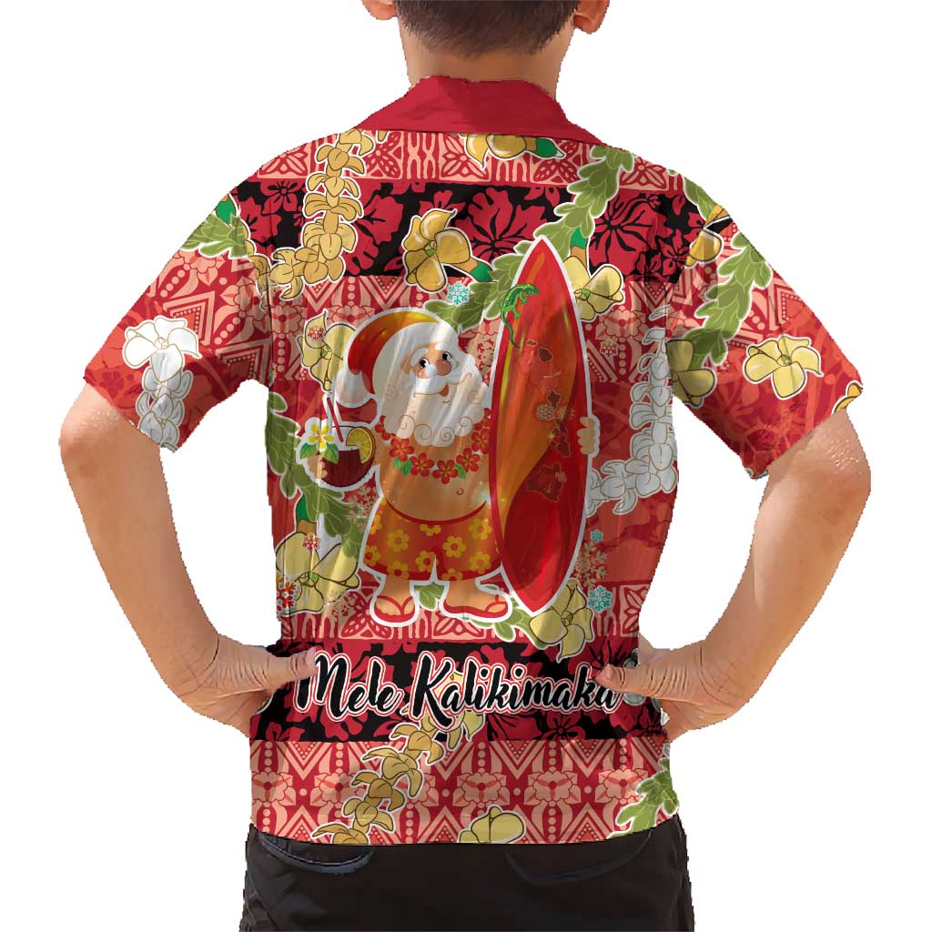 Hawaii Santa Mele Kalikimaka Kid Hawaiian Shirt Tropical Puakenikeni Lei with Polynesian Tribal Pattern - Polynesian Pride
