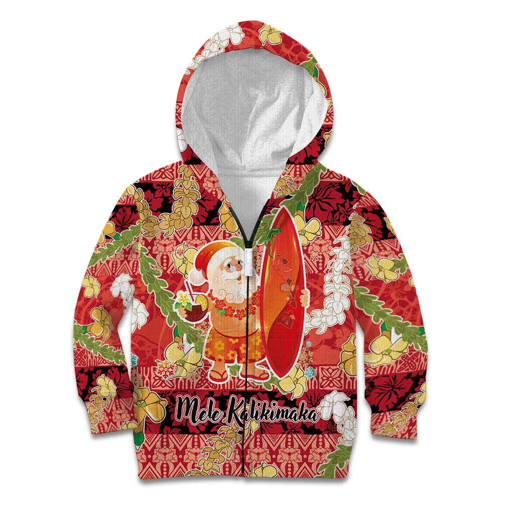 Hawaii Santa Mele Kalikimaka Kid Hoodie Tropical Puakenikeni Lei with Polynesian Tribal Pattern - Polynesian Pride