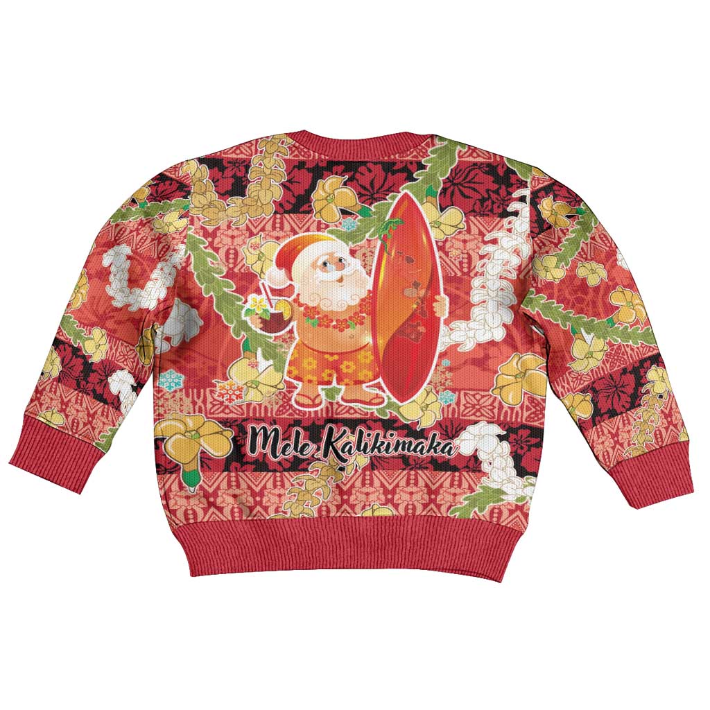 Hawaii Santa Mele Kalikimaka Kid Ugly Christmas Sweater Tropical Puakenikeni Lei with Polynesian Tribal Pattern - Polynesian Pride