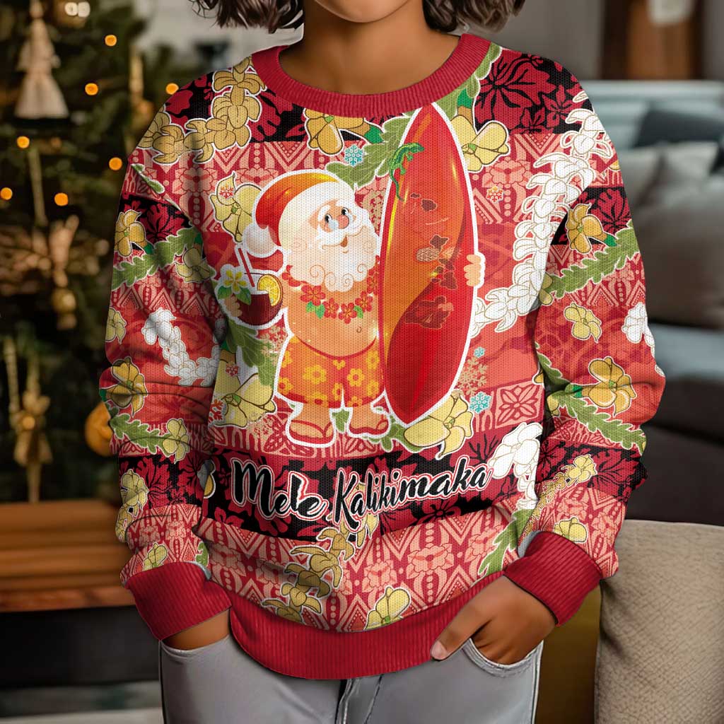 Hawaii Santa Mele Kalikimaka Kid Ugly Christmas Sweater Tropical Puakenikeni Lei with Polynesian Tribal Pattern - Polynesian Pride