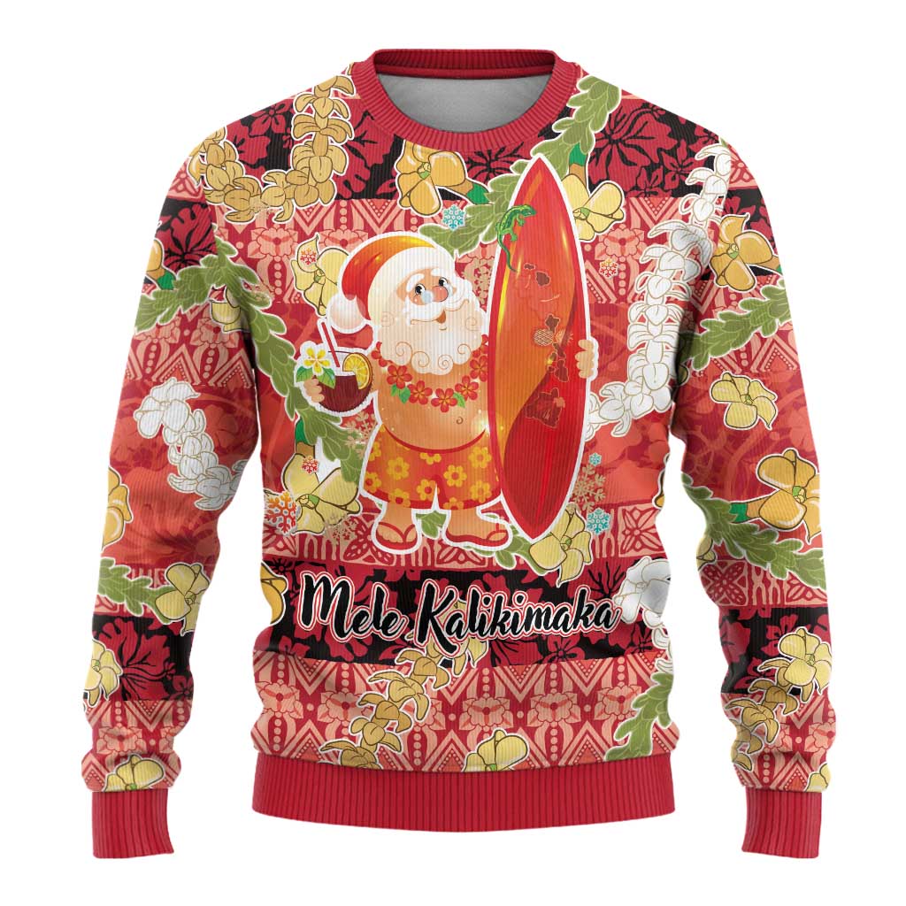 Hawaii Santa Mele Kalikimaka Ugly Christmas Sweater Tropical Puakenikeni Lei with Polynesian Tribal Pattern - Polynesian Pride