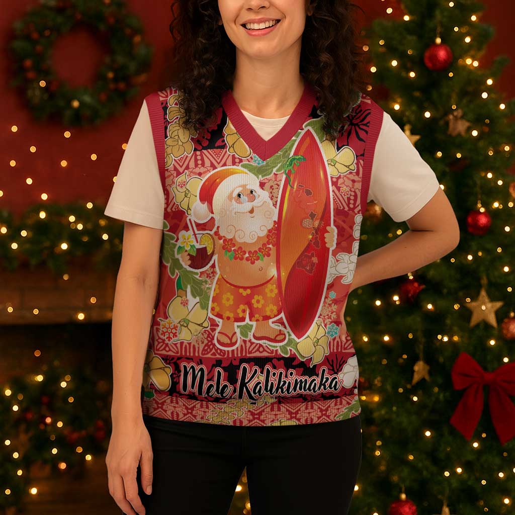 Hawaii Santa Mele Kalikimaka Christmas Knitted V-Neck Vest Tropical Puakenikeni Lei with Polynesian Tribal Pattern - Polynesian Pride