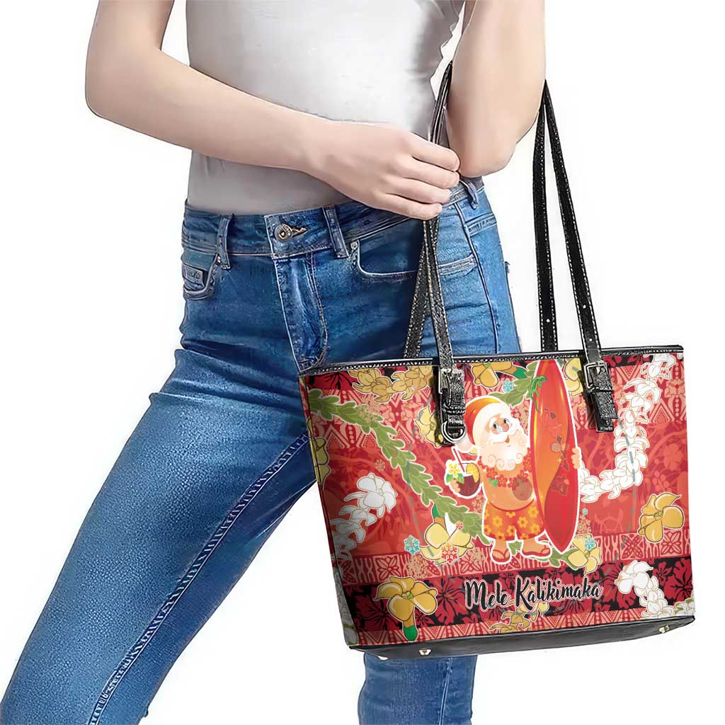 Hawaii Santa Mele Kalikimaka Leather Tote Bag Tropical Puakenikeni Lei with Polynesian Tribal Pattern - Polynesian Pride