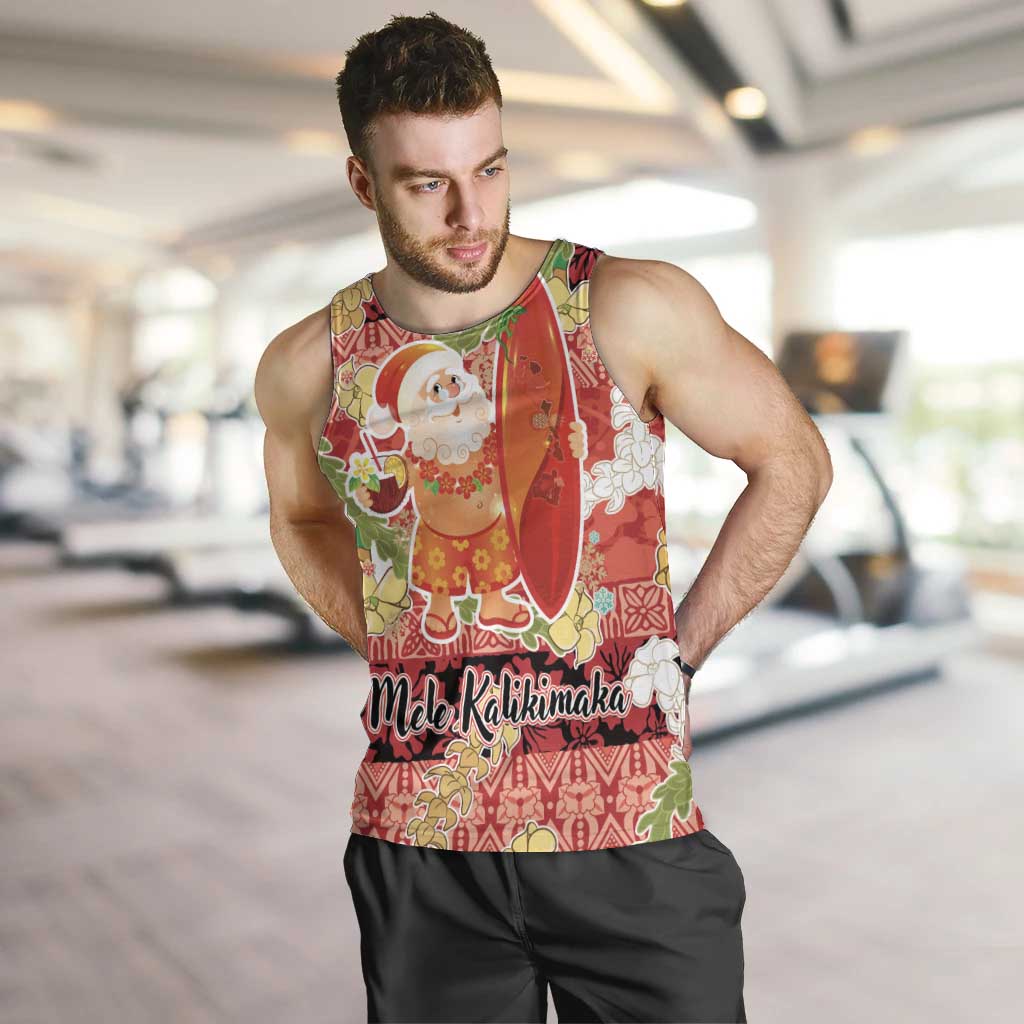 Hawaii Santa Mele Kalikimaka Men Tank Top Tropical Puakenikeni Lei with Polynesian Tribal Pattern LT03 Red - Polynesian Pride